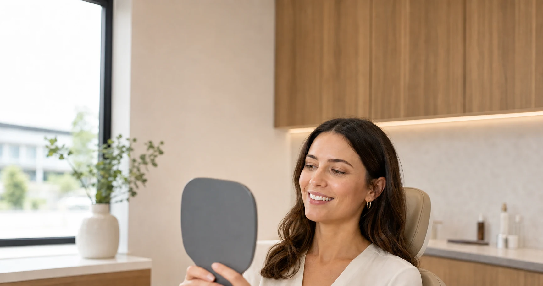 Patient viewing her smile in a mirror during a veneer consultation